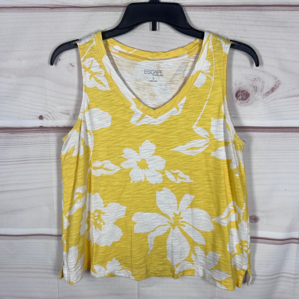 Escape by Habitat Tank Top Womens Small Yellow Floral Print V-Neck Slub Knit